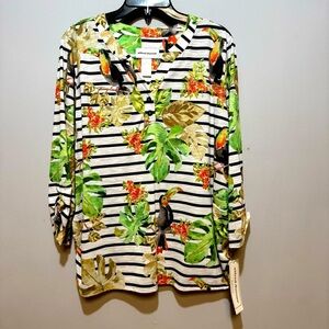 Alfred Dunner Tropical Print Shirt with black stripes. Size L.